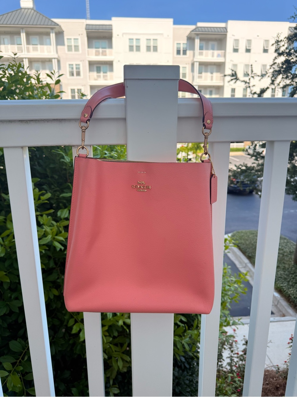 Coach Coral Pink Leather Shoulder Bag with Gold Hardware